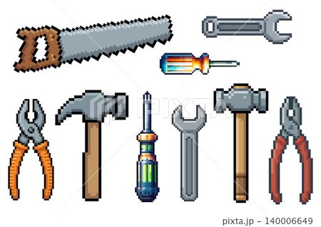Pixel art work tools set hammer wrench screwdriver saw pliers retro game icons collection Pixel art work tools set hammer wrench screwdriver saw pliers retro game icons collection 140006649