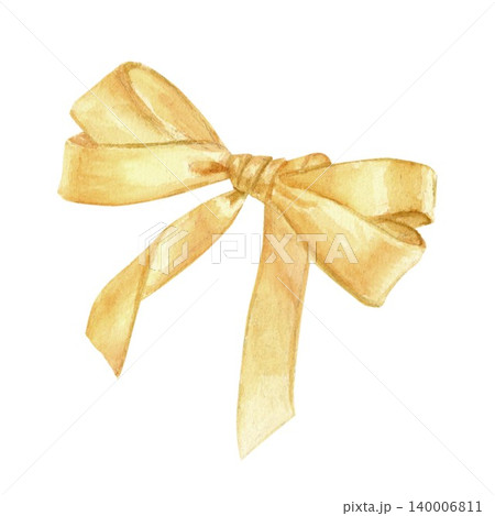 A yellow satin bow, hand-painted with watercolors on an isolated background. Simple bow clip art for embellishing bouquets, gifts, holiday decor, cards, invitations, and banners A yellow satin bow, hand-painted with watercolors on an isolated background. Simple bow clip art for embellishing bouquets, gifts, holiday decor, cards, invitations, and banners 140006811