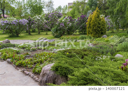 Public Park Stone Plaza Landscape with Terraced Rock Garden and Conifers Public Park Stone Plaza Landscape with Terraced Rock Garden and Conifers 140007121