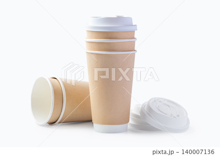 Disposable paper takeaway coffee cups, mockup isolated on white background Disposable paper takeaway coffee cups, mockup isolated on white background 140007136
