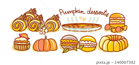 A vector set of pumpkin-themed sweets in full color with outlines on a white background 140007382