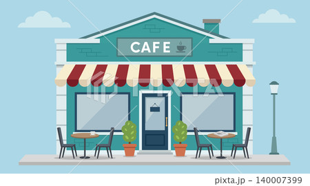 Cafe storefront exterior with outdoor seating, green coffee shop facade with tables and chairs on sidewalk, flat vector illustration 140007399