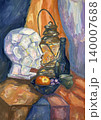 Still life with a Plaster head, mug, bottle, lantern, plate and fruit, drapery. Gouashe painting, illustration. Gouashe artwork. 140007688
