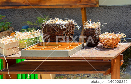 Eggs in rattan basket on farm Eggs in rattan basket on farm 140008832