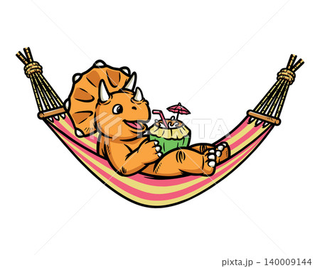 Triceratops dino lying in a hammock while drinking coconut 140009144