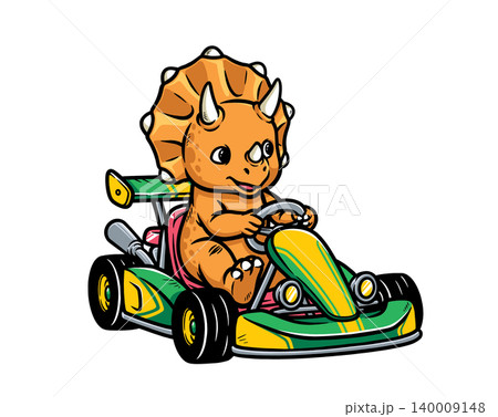 Triceratops dino riding a go-kart happily Triceratops dino riding a go-kart happily 140009148