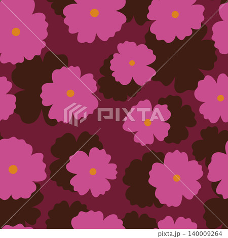 A simple seamless pattern with pink flowers on a burgundy background. Vector graphics. 140009264