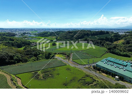 福岡県八女市の茶畑と茶工場を俯瞰した空撮写真 140009602