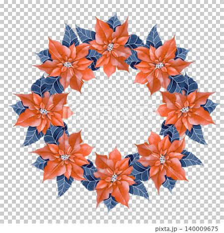 Watercolor Christmas poinsettia wreath. Isolated winter holiday floral round frame. For Christmas greeting cards, logos, invitations, and seasonal branding. Watercolor Christmas poinsettia wreath. Isolated winter holiday floral round frame. For Christmas greeting cards, logos, invitations, and seasonal branding. 140009675