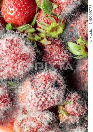 Strawberries covered in fuzzy white mold. 140009778