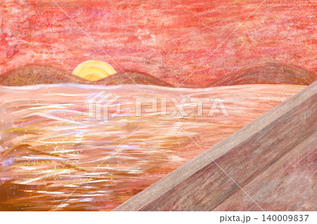 夕方の海と山の手描き風景 140009837