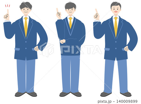 笑顔で人差し指を立て指差しポーズをする制服姿の男子高校生3人の全身イラストセット 笑顔で人差し指を立て指差しポーズをする制服姿の男子高校生3人の全身イラストセット 140009899