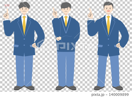 笑顔で人差し指を立て指差しポーズをする制服姿の男子高校生3人の全身イラストセット 笑顔で人差し指を立て指差しポーズをする制服姿の男子高校生3人の全身イラストセット 140009899