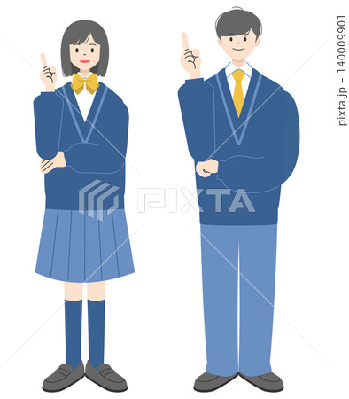 笑顔で人差し指を立て指差しポーズをする制服姿の高校生男女2人の全身イラストセット2 笑顔で人差し指を立て指差しポーズをする制服姿の高校生男女2人の全身イラストセット2 140009901