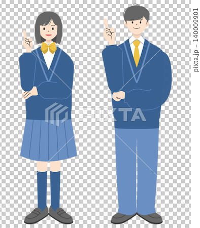笑顔で人差し指を立て指差しポーズをする制服姿の高校生男女2人の全身イラストセット2 笑顔で人差し指を立て指差しポーズをする制服姿の高校生男女2人の全身イラストセット2 140009901