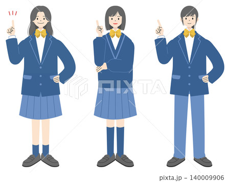 笑顔で人差し指を立て指差しポーズをする制服姿の女子高校生3人の全身イラストセット 140009906