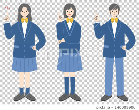 笑顔で人差し指を立て指差しポーズをする制服姿の女子高校生3人の全身イラストセット 140009906