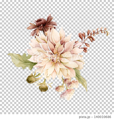 Autumn flowers leaves bouquet. Fall plants Dahlia Chrysanthemum Daisy. Watercolor hand drawn floral illustration isolated on white background wedding home textile cosmetic package porcelain crockery Autumn flowers leaves bouquet. Fall plants Dahlia Chrysanthemum Daisy. Watercolor hand drawn floral illustration isolated on white background wedding home textile cosmetic package porcelain crockery 140010686