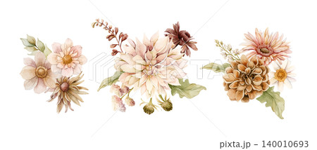 Autumn flowers bouquets. Dahlia Chrysanthemum Daisy Arrangements. Watercolor hand drawn floral illustration isolated on white background fall design wedding home cosmetic package porcelain crockery Autumn flowers bouquets. Dahlia Chrysanthemum Daisy Arrangements. Watercolor hand drawn floral illustration isolated on white background fall design wedding home cosmetic package porcelain crockery 140010693