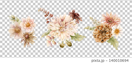 Autumn flowers bouquets. Dahlia Chrysanthemum Daisy Arrangements. Watercolor hand drawn floral illustration isolated on white background fall design wedding home cosmetic package porcelain crockery Autumn flowers bouquets. Dahlia Chrysanthemum Daisy Arrangements. Watercolor hand drawn floral illustration isolated on white background fall design wedding home cosmetic package porcelain crockery 140010694