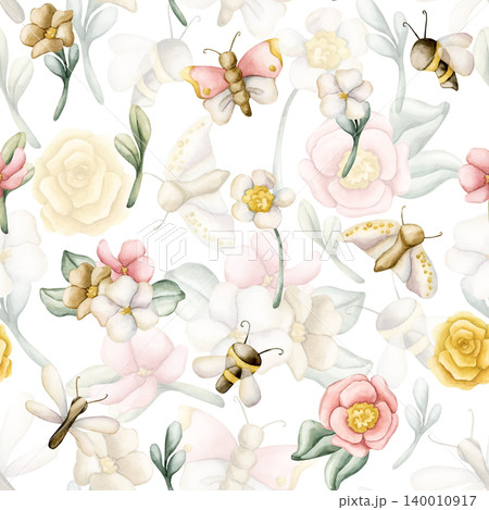 Cute Butterfly Bee Dragonfly With Colourful Flowers Seamless Pattern. Watercolor summer floral illustration hand painted isolated on white background for nursery design fresh print fabric textile Cute Butterfly Bee Dragonfly With Colourful Flowers Seamless Pattern. Watercolor summer floral illustration hand painted isolated on white background for nursery design fresh print fabric textile 140010917