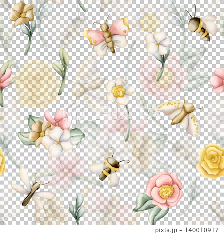Cute Butterfly Bee Dragonfly With Colourful Flowers Seamless Pattern. Watercolor summer floral illustration hand painted isolated on white background for nursery design fresh print fabric textile Cute Butterfly Bee Dragonfly With Colourful Flowers Seamless Pattern. Watercolor summer floral illustration hand painted isolated on white background for nursery design fresh print fabric textile 140010917