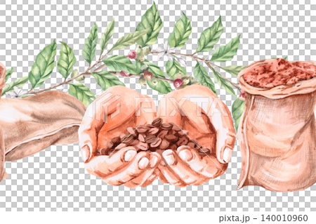 Seamless border featuring hands, coffee beans, sacks, and branches. Isolated watercolor illustration for restaurant interior design, greeting cards, packaging, and menus. 140010960