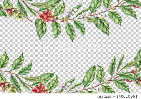 A rectangular frame featuring coffee branches and ripening berries. An isolated watercolor illustration for restaurant interior design, greeting cards, packaging, and menus. A rectangular frame featuring coffee branches and ripening berries. An isolated watercolor illustration for restaurant interior design, greeting cards, packaging, and menus. 140010961