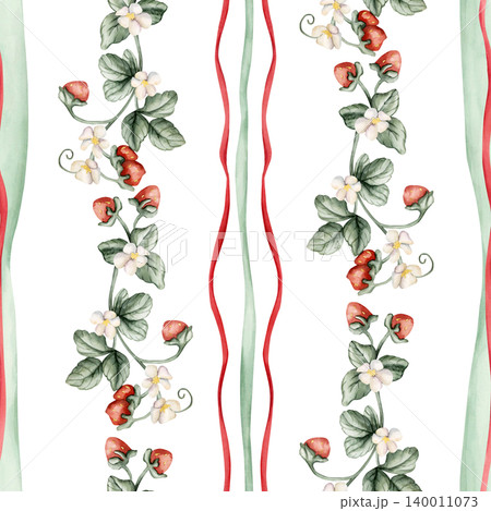 Wild Strawberry Branch Red Green Striped Seamless Pattern. Watercolor summer spring floral forest illustration hand painted isolated on white background nursery baby kids design print fabric textile Wild Strawberry Branch Red Green Striped Seamless Pattern. Watercolor summer spring floral forest illustration hand painted isolated on white background nursery baby kids design print fabric textile 140011073