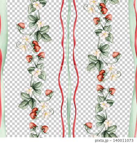 Wild Strawberry Branch Red Green Striped Seamless Pattern. Watercolor summer spring floral forest illustration hand painted isolated on white background nursery baby kids design print fabric textile Wild Strawberry Branch Red Green Striped Seamless Pattern. Watercolor summer spring floral forest illustration hand painted isolated on white background nursery baby kids design print fabric textile 140011073