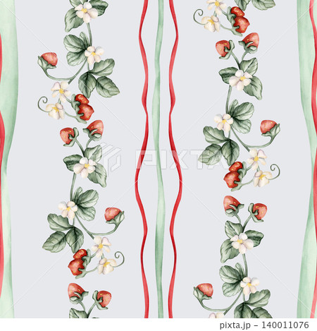 Wild Strawberry Branch Red Green Striped Seamless Pattern. Watercolor summer spring floral forest illustration hand painted isolated on blue background nursery baby kids design print fabric textile Wild Strawberry Branch Red Green Striped Seamless Pattern. Watercolor summer spring floral forest illustration hand painted isolated on blue background nursery baby kids design print fabric textile 140011076
