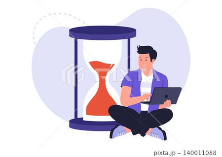 Illustration of Freelancer Working Next to Giant Hourglass Illustration of Freelancer Working Next to Giant Hourglass 140011088