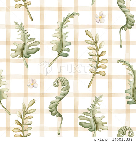 Cute Fern Leaves Beige Checked Seamless Pattern. Watercolor summer floral forest illustration hand painted isolated on white background nursery baby kids design fresh whimsical print mystery textile Cute Fern Leaves Beige Checked Seamless Pattern. Watercolor summer floral forest illustration hand painted isolated on white background nursery baby kids design fresh whimsical print mystery textile 140011332
