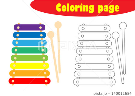 Xylophone in cartoon style, coloring page, education paper game for the development of children, kids preschool activity, printable worksheet, vector illustration 140011684