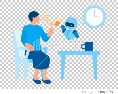 An illustration of a senior woman feeling safe and secure at home thanks to an AI-powered medication management system. (Related to home healthcare and medical care) 140011731