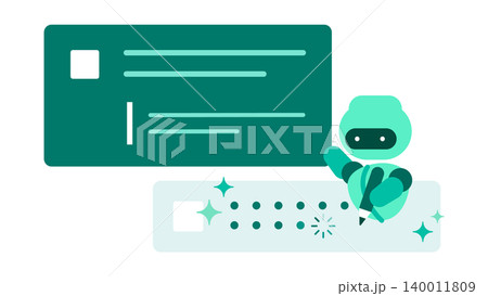 ビジネスチャットで人工知能ボットが自動で返答や要約の提案をするイラスト ビジネスチャットで人工知能ボットが自動で返答や要約の提案をするイラスト 140011809