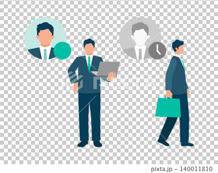 ビジネスチャット上で在席や離席のステータスを確認する男性のイラスト ビジネスチャット上で在席や離席のステータスを確認する男性のイラスト 140011810