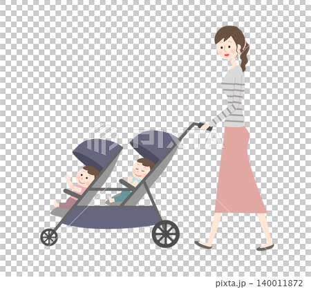 A woman walking while pushing a double stroller. A woman walking while pushing a double stroller. 140011872