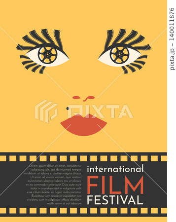 Retro film festival poster design. Abstract female face with filmstrip lashes and film reel in the eyes. Vector illustration Retro film festival poster design. Abstract female face with filmstrip lashes and film reel in the eyes. Vector illustration 140011876