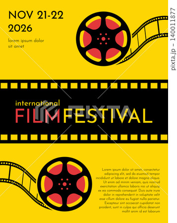Bright film festival poster with rolling film reels. Graphic design template for movie cinema concept. Vector illustration Bright film festival poster with rolling film reels. Graphic design template for movie cinema concept. Vector illustration 140011877