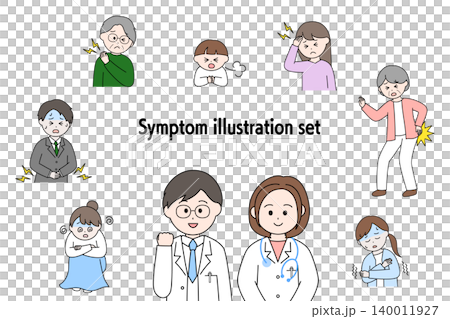 一組描繪各種疾病和病症以及醫生的插圖。 一組描繪各種疾病和病症以及醫生的插圖。 140011927