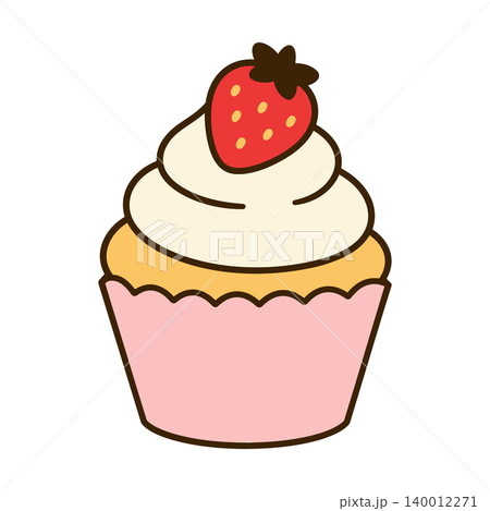 いちごとホイップクリームを乗せたシンプルカップケーキイラスト 140012271