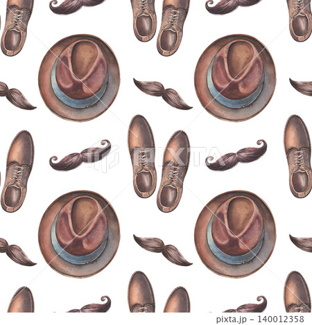 Boots, hat, curled hipster mustache, seamless pattern. Hand-painted watercolor illustration isolated on white for gentlemen, barbershop, fashion design, branding, printing on textile, packaging, decor Boots, hat, curled hipster mustache, seamless pattern. Hand-painted watercolor illustration isolated on white for gentlemen, barbershop, fashion design, branding, printing on textile, packaging, decor 140012358