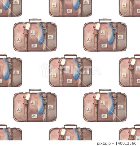 Brown suitcase with travel stamps, tie, seamless pattern. Hand-painted watercolor illustration isolated on white for travel, business themes, branding, printing on decor, packaging, clothing, design Brown suitcase with travel stamps, tie, seamless pattern. Hand-painted watercolor illustration isolated on white for travel, business themes, branding, printing on decor, packaging, clothing, design 140012360