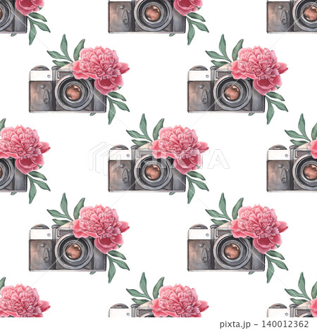Camera, blooming peony with bud and leaves, seamless pattern. Hand-painted watercolor illustration isolated on white for travel, photography blogs, branding, printing on clothing, packaging, decor Camera, blooming peony with bud and leaves, seamless pattern. Hand-painted watercolor illustration isolated on white for travel, photography blogs, branding, printing on clothing, packaging, decor 140012362
