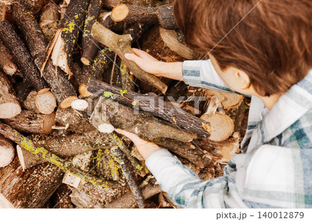 A person in a plaid shirt gathers wooden logs from a pile of freshly cut firewood outdoors, preparing timber for heating. A person in a plaid shirt gathers wooden logs from a pile of freshly cut firewood outdoors, preparing timber for heating. 140012879
