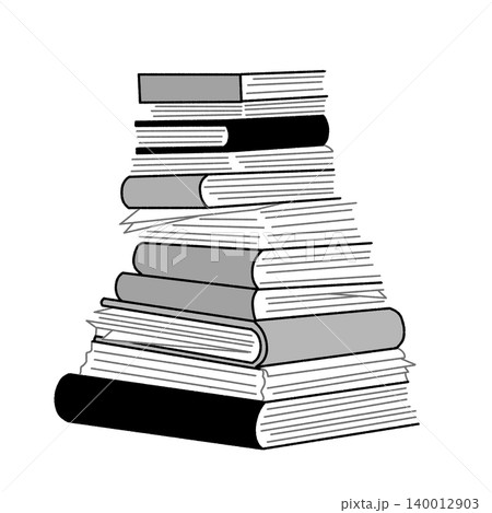 仕事や勉強などの大量の書類やファイル・本が乱雑に積まれた山のモノクロのフラットデザインイラスト 140012903