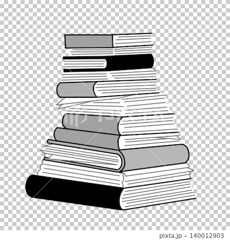 仕事や勉強などの大量の書類やファイル・本が乱雑に積まれた山のモノクロのフラットデザインイラスト 140012903