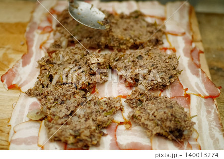 cooking meatloaf, minced meat with spices put in roll. cooking meatloaf, minced meat with spices put in roll. 140013274