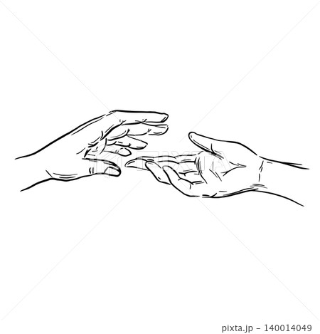 Sketch of two human hands reaching towards each other in close-up. Outline graphic elements. Monochrome concept for Valentines Day. Black line isolated on white background. Stock vector illustration Sketch of two human hands reaching towards each other in close-up. Outline graphic elements. Monochrome concept for Valentines Day. Black line isolated on white background. Stock vector illustration 140014049